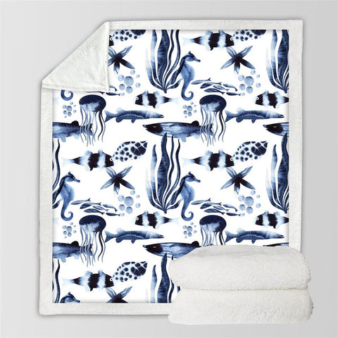 Image of Ink Painting Marine Life Seafood Soft Sherpa Blanket