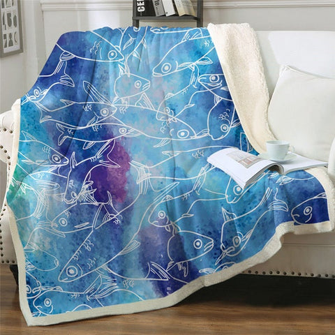 Image of Line Drawing Fish Blue Soft Sherpa Blanket