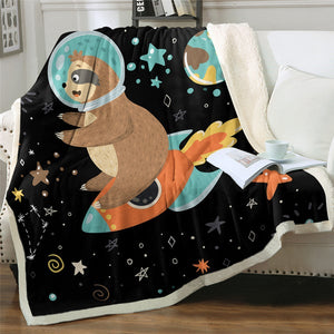 Sloth Astronaut And Rocket Cozy Soft Sherpa Blanket