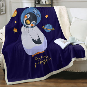 Cartoon Astronaut Penguin Cozy Soft Sherpa Blanket