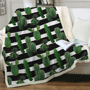 Tropical Plants Cactus Stripes Pattern Soft Sherpa Blanket