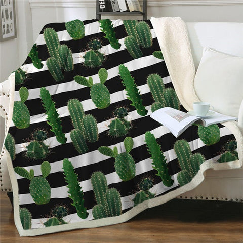 Image of Tropical Plants Cactus Stripes Pattern Soft Sherpa Blanket