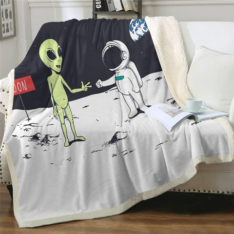 Image of Funny Alien And Astronaut On The Moon Cozy Soft Sherpa Blanket