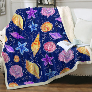 Multicolor Sea Snails Shell Starfish Soft Sherpa Blanket