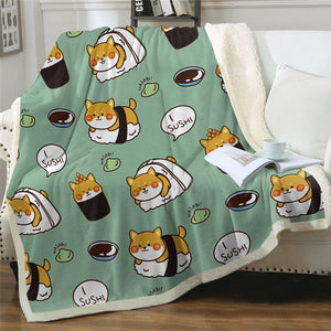 Lovely Shiba Inu Sushi Pattern Soft Sherpa Blanket Save 20%