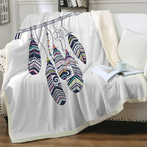 Boho Feathers White Cozy Soft Sherpa Blanket