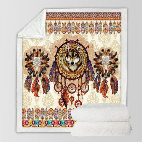 Image of Wolf Feathers Dreamcatcher And Skulls Soft Sherpa Blanket