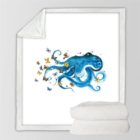 Image of Watercolor Blue Octopus Ocean Life Cozy Soft Sherpa Blanket