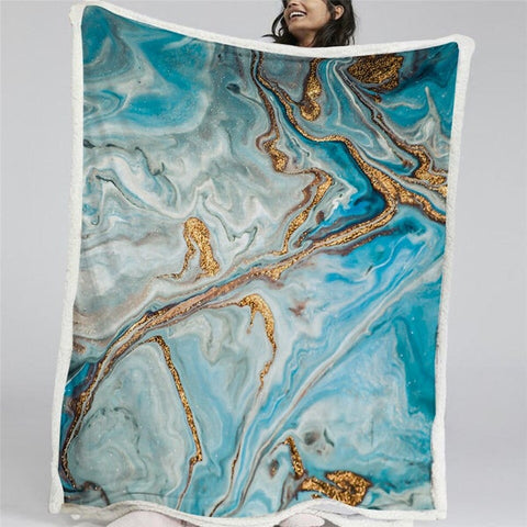 Image of Luxury Golden Blue Marble Liquid Texture Soft Sherpa Blanket