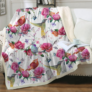 Watercolor Flowers Sunbirds Cozy Soft Sherpa Blanket