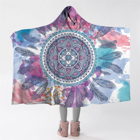 Image of Mandala Motif Watercolor Hooded Blanket
