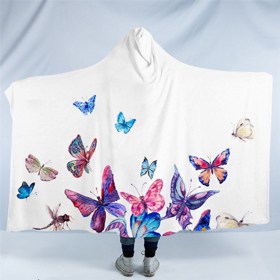 Colorful Butterfies White Hooded Blanket