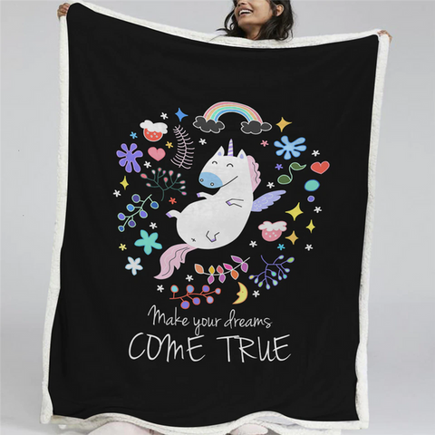 Image of Dreamy Unicorn Floral Black Soft Sherpa Blanket