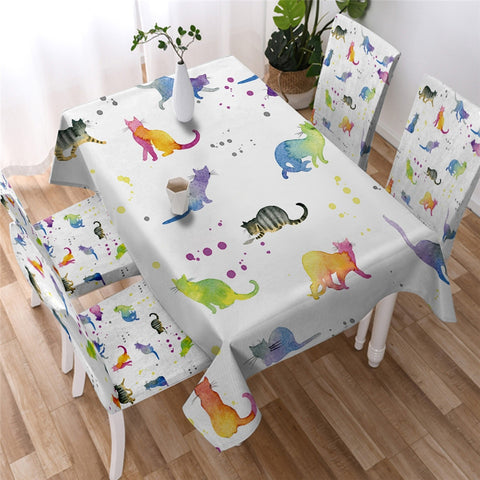 Image of Cute Cartoon Cat White Table Cloth Waterproof 01