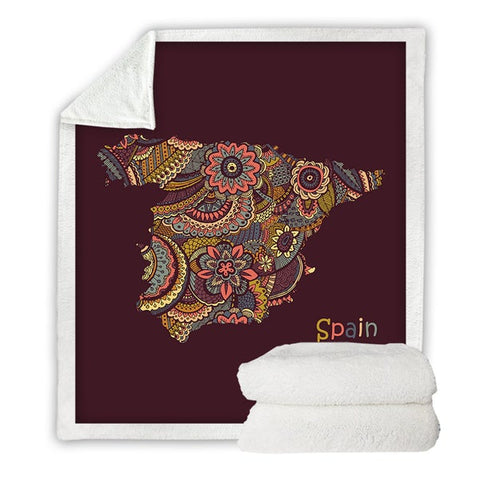 Image of Spain Map Floral Pattern Cozy Soft Sherpa Blanket