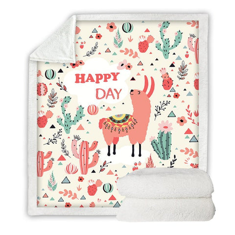 Image of Lovely Happy Day Llama Cactus Soft Sherpa Blanket