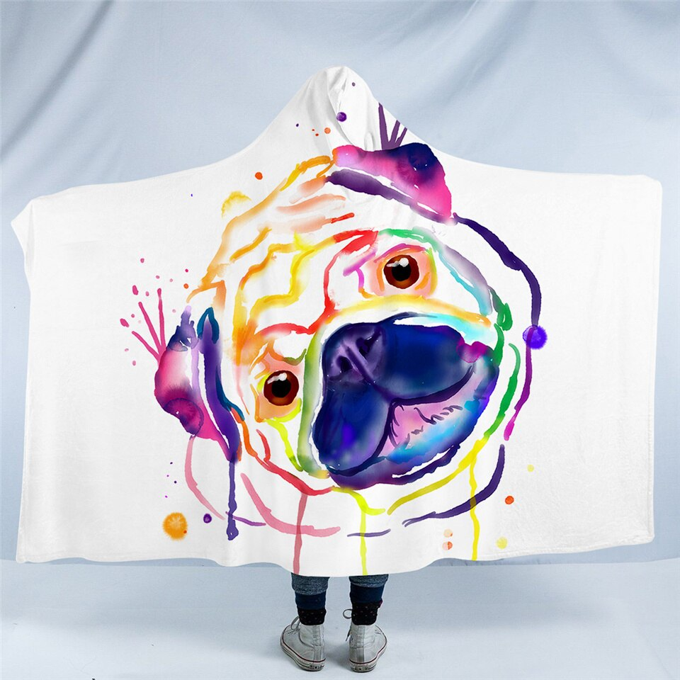 Watercolored Pug Hooded Blanket