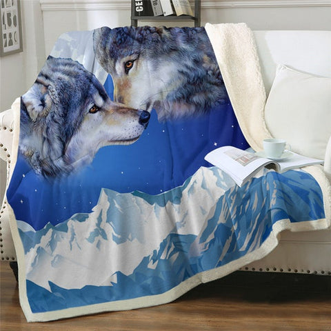 Image of Wolf Couple Mountain Blue Sky Soft Sherpa Blanket