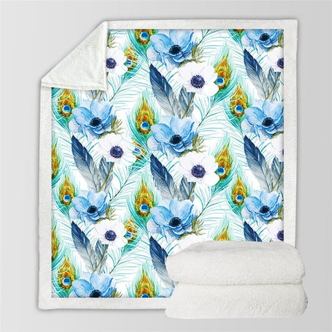 Image of Watercolor Peacock Feathers Flowers Pattern Soft Sherpa Blanket