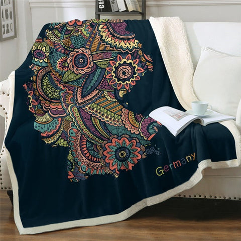 Image of Germany Map Floral Pattern Cozy Soft Sherpa Blanket