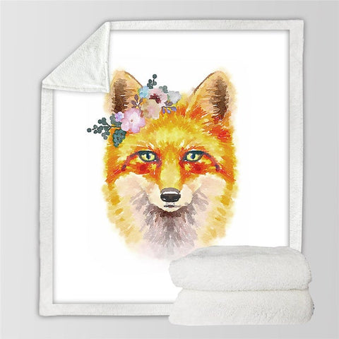 Image of Watercolor Cool Fox With Flowers Cozy Soft Sherpa Blanket