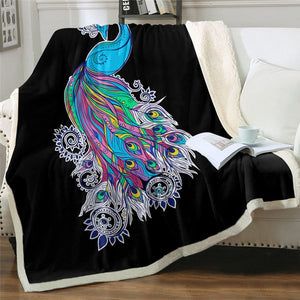 Beautiful Peacock Black Soft Sherpa Blanket