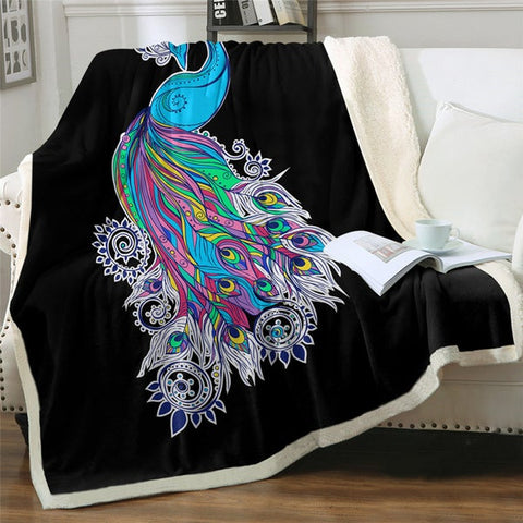 Image of Beautiful Peacock Black Soft Sherpa Blanket