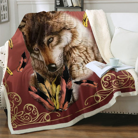 Image of Vintage Wolf And Feathers Soft Sherpa Blanket