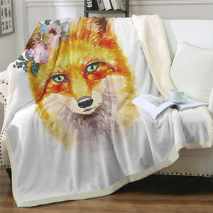 Watercolor Cool Fox With Flowers Cozy Soft Sherpa Blanket