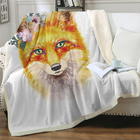 Image of Watercolor Cool Fox With Flowers Cozy Soft Sherpa Blanket