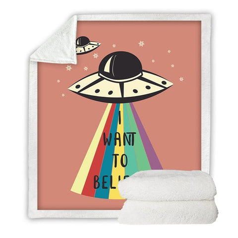 Image of Cartoon UFO Alien Cozy Soft Sherpa Blanket