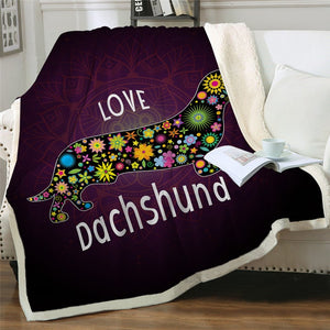 Love Dachshund Flowers Pattern Couple Soft Sherpa Blanket