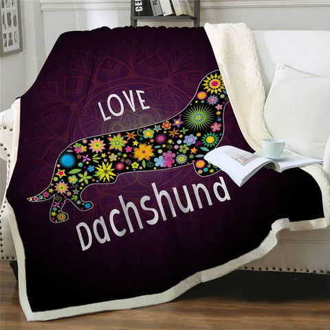 Image of Love Dachshund Flowers Pattern Couple Soft Sherpa Blanket