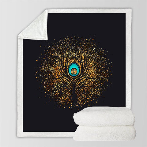 Image of Golden Glitter Peacock Feather Soft Sherpa Blanket