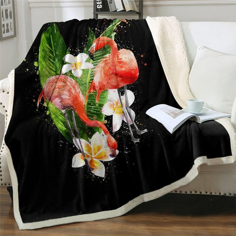 Image of Watercolor Flamingos Banana Leaf Cozy Soft Sherpa Blanket