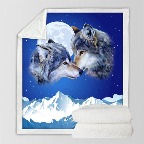 Image of Wolf Couple Mountain Blue Sky Soft Sherpa Blanket