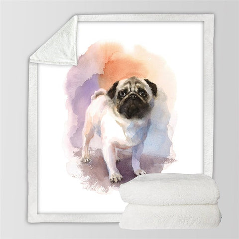 Image of Watercolor Cute Pug Dog Cozy Soft Sherpa Blanket