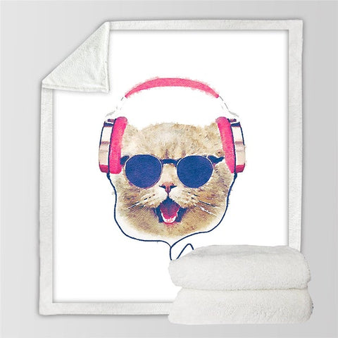 Image of Watercolor Cool Cat Wearing Headphone Cozy Soft Sherpa Blanket