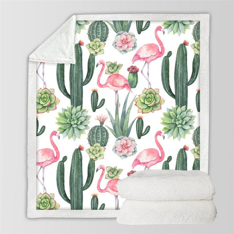 Image of Watercolor Flamingo Cactus Pattern Cozy Soft Sherpa Blanket