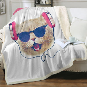 Watercolor Cool Cat Wearing Headphone Cozy Soft Sherpa Blanket