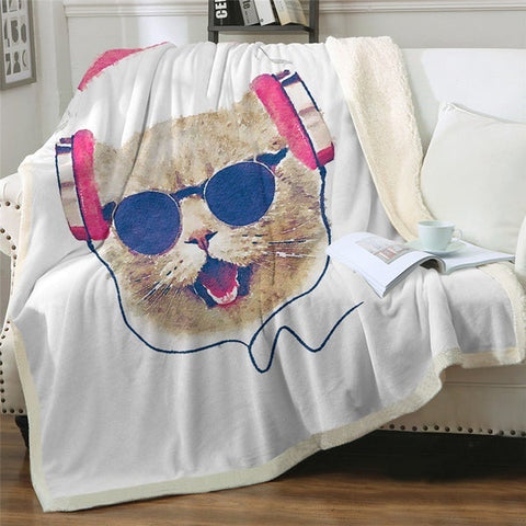 Image of Watercolor Cool Cat Wearing Headphone Cozy Soft Sherpa Blanket