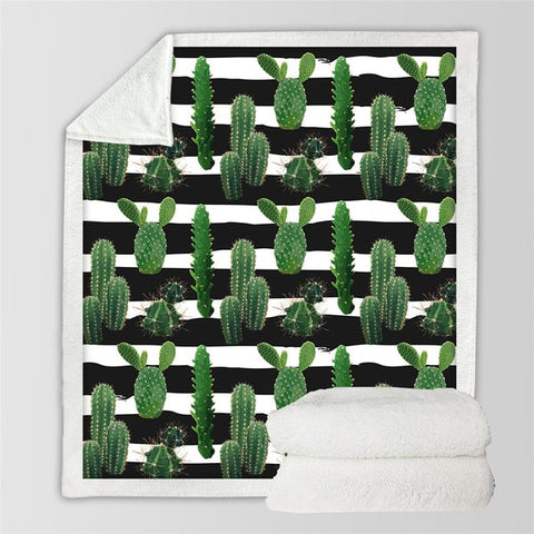 Image of Tropical Plants Cactus Stripes Pattern Soft Sherpa Blanket