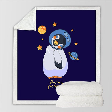 Image of Cartoon Astronaut Penguin Cozy Soft Sherpa Blanket