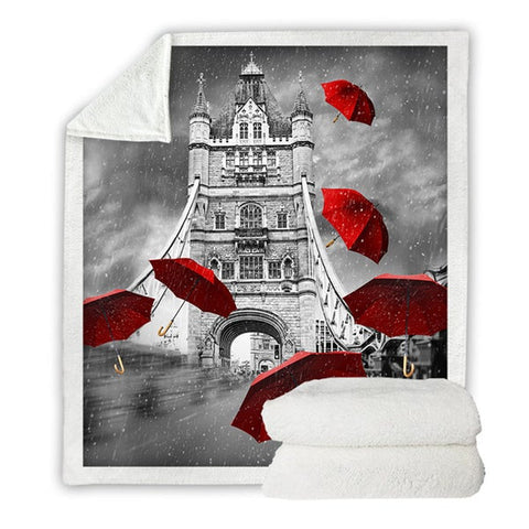 Image of Red Umbrellas Tower Bridge Cozy Soft Sherpa Blanket