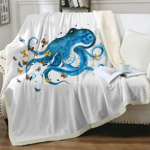 Watercolor Blue Octopus Ocean Life Cozy Soft Sherpa Blanket