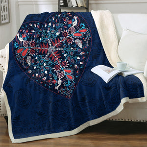 Elegant Floral Patterned Heart Soft Sherpa Blanket