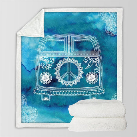 Image of Hippie Peace Van Blue Cozy Soft Sherpa Blanket