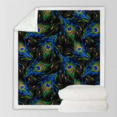 Image of Peacock Feathers Pattern Soft Sherpa Blanket