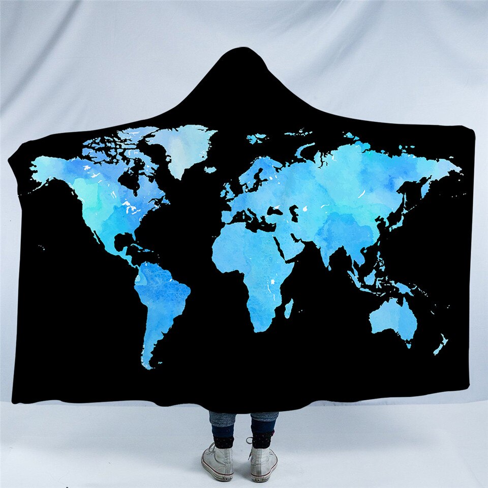 World Map In Blue Hooded Blanket