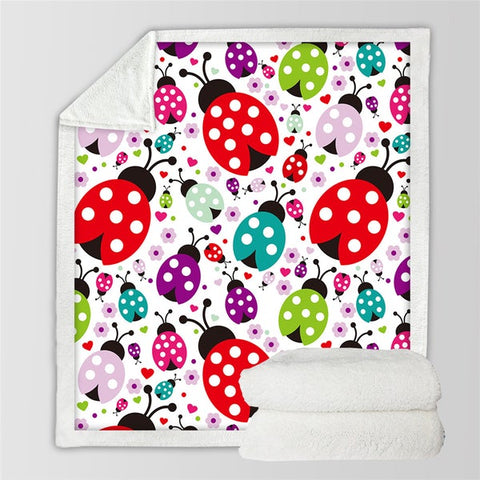 Image of Cute Colorful Cartoon Ladybugs Pattern Soft Sherpa Blanket